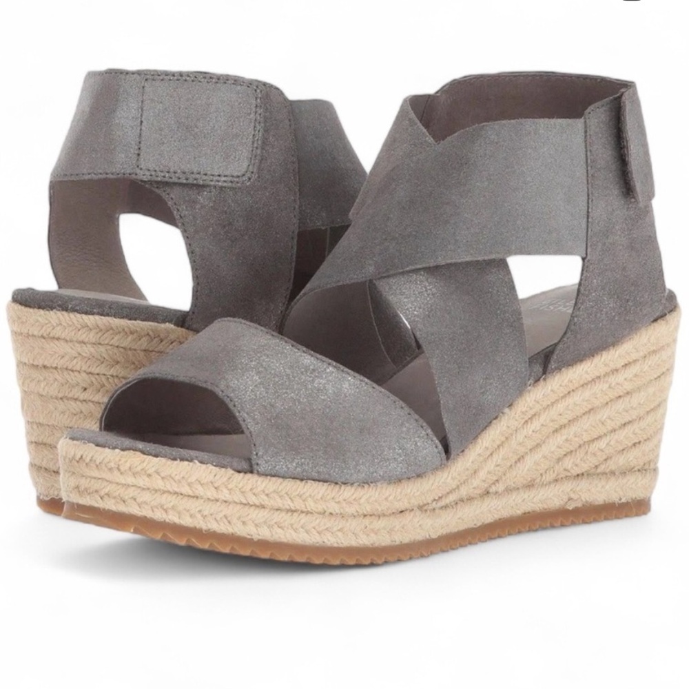 Eileen Fisher Willow 3 Wedge Sandal in Starry Metallic Gray Suede Size 5